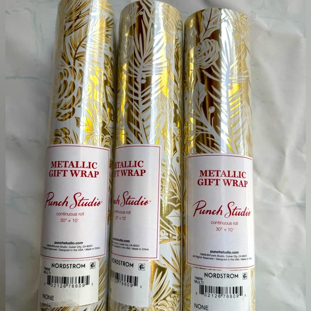 PUNCH STUDIO Christmas Gift Wrap Paper Roll Lot of 3 New Gold and White 30 X 10